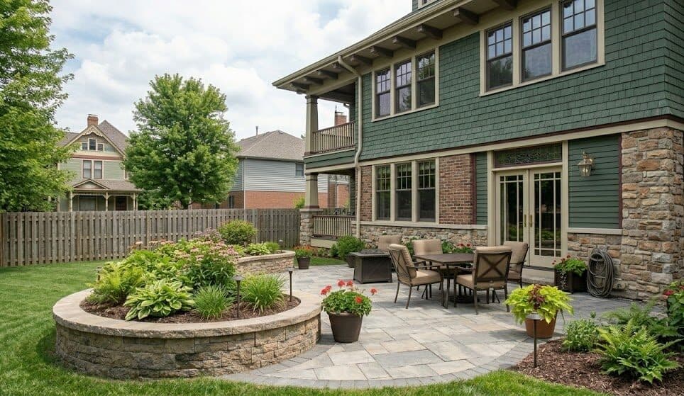 Hardscape patio and walkway installation in a residential yard.