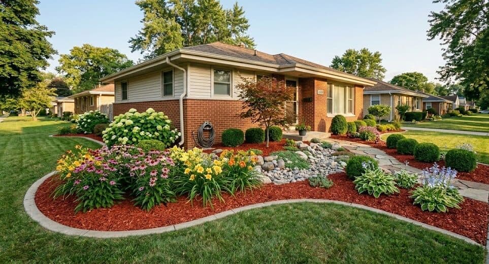 Landscape bed and lawn at a maintained residential property.