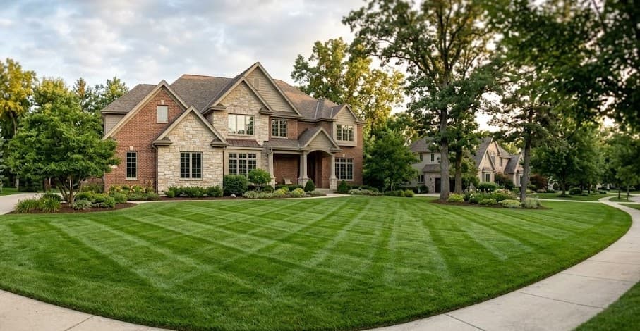 Freshly mowed lawn with clean striping and edges.